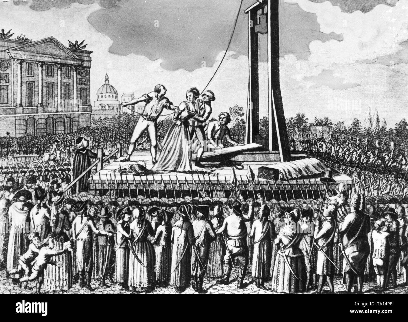 Contemporary drawing of the execution of the French queen Marie Antoinette, who was beheaded by guillotine in front of a large crowd on 16 October 1793. Stock Photo