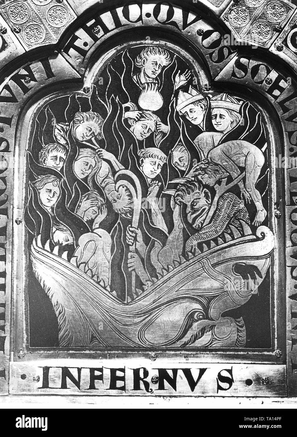 The depiction of hell. Detail of the altar made by goldsmith Nicolaus Virdunensis in 1181, from the Klosterneuburg Monastery near Vienna. Stock Photo