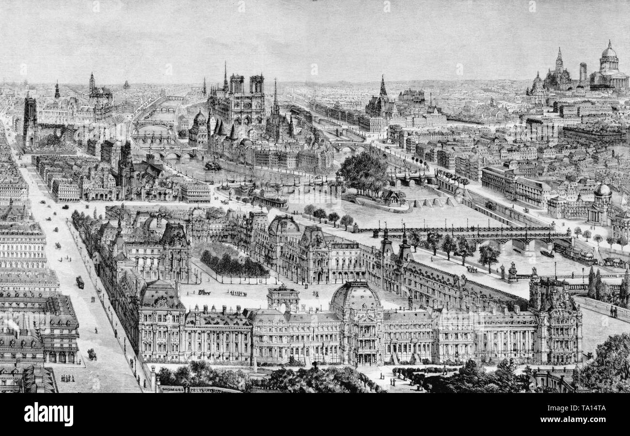 View of Paris. In the foreground you can see the Louvre, in the middle the Ile de la Cite, the Notre Dame Cathedral Paris and at right the Pantheon. Contemporary engraving. Stock Photo