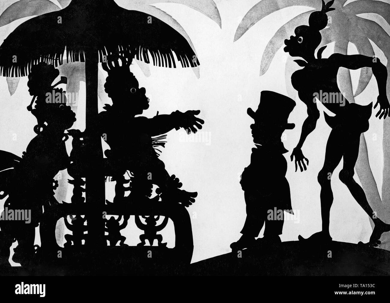 This photo shows a scene from the silhouette film 'Dr. Dolittle and His Animals' - subtitle: 'Dr. Dolittle und der Negerkoenig' by Charlotte Reiniger. The silhouette film, also known as silhouette animation, is a technique of animated film in which silhouettes are put together on a lighted glass plate in front of a white or black background to form a film. The result is the silhouette film, inspired by shadow theater and the pictorial techniques of silhouette cutting. Stock Photo