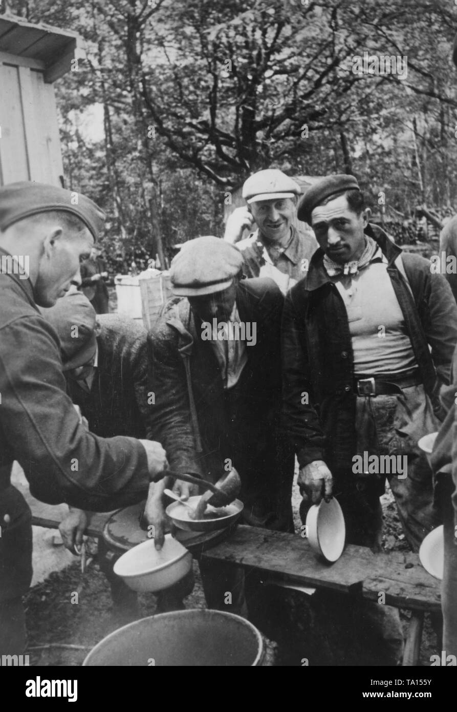 Men of the Todt Organization and of the NSKK during a meal break while on a deforestation mission in France. War reporter: Weber. Stock Photo