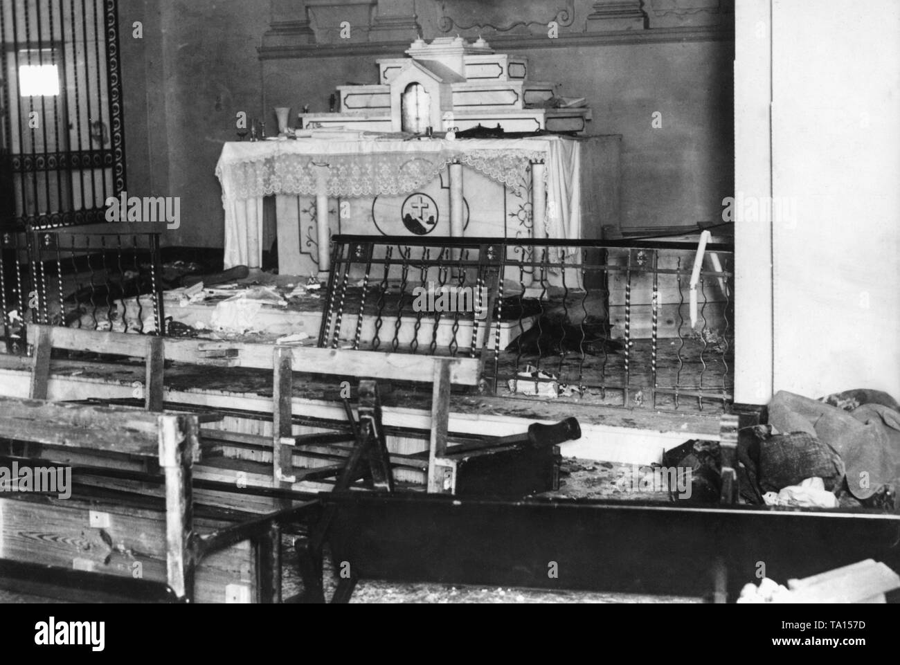 Destroyed altar of a church in Madrid in March, 1936. Even before the outbreak of the Spanish Civil War in July, 1936, there were riots and demonstrations in Spain. The rage of individual Communists and other leftist supporters was directed against churches, Catholic priests or the fascist monarchist newspaper 'La Nacion'. Stock Photo