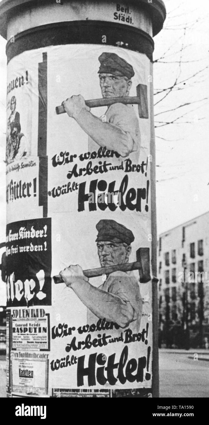 At the time of the mass unemployment in the final phase of the Weimar Republic, Hitler and the National Socialists promised work and bread to the desperate population, the percentage of votes for the NSDAP grew significantly. Stock Photo