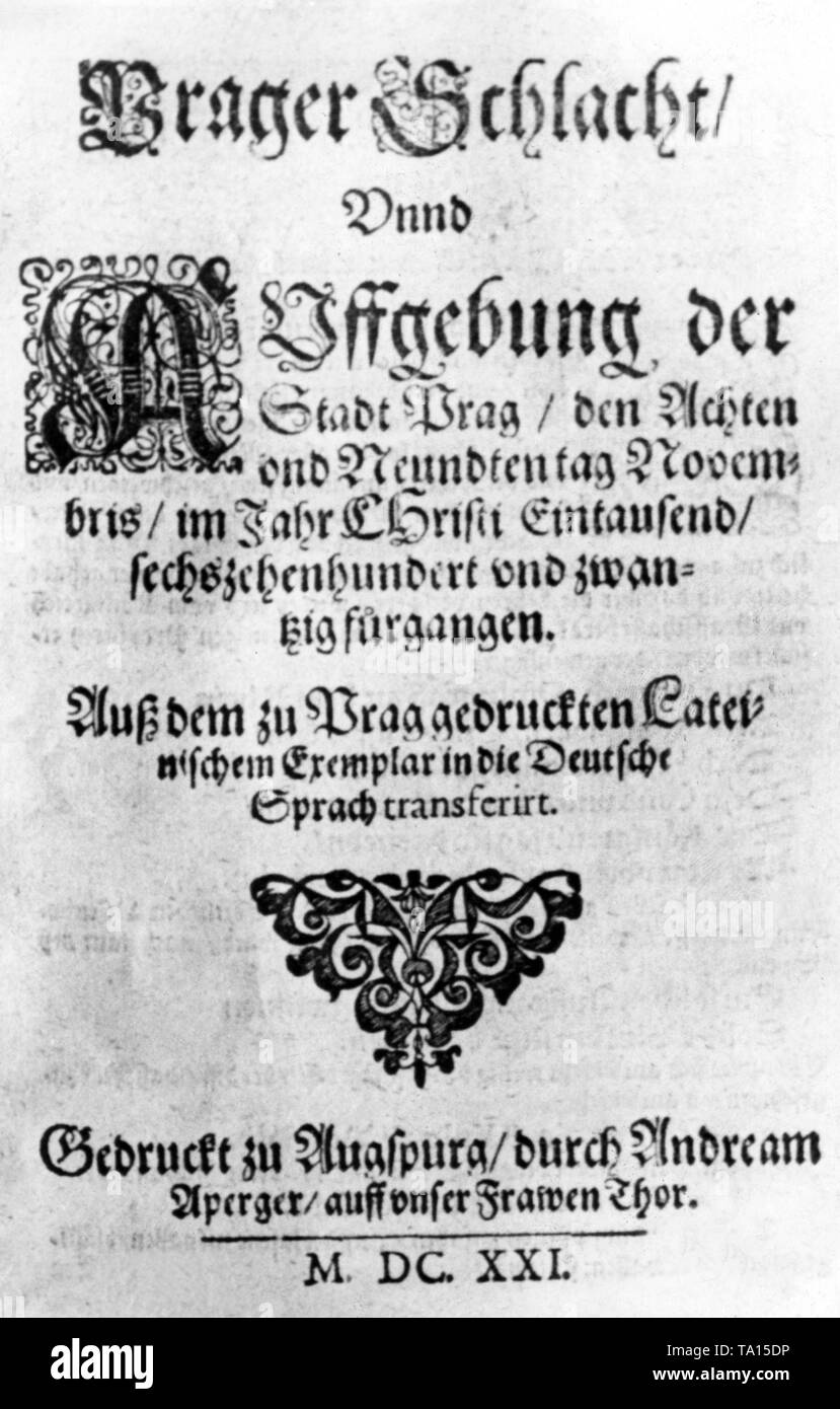 Title page of one of the many contemporary leaflets about the battle at the 'White Mountain', which took place on 08.11.1620 in Prague. In this battle, the Protestant army under Frederick V of the Palatinate, the so-called 'Winter King', was defeated by the troops of the Catholic League under the leadership of Tilly. This was an important battle in the early stages of the Thirty Years' War. Stock Photo