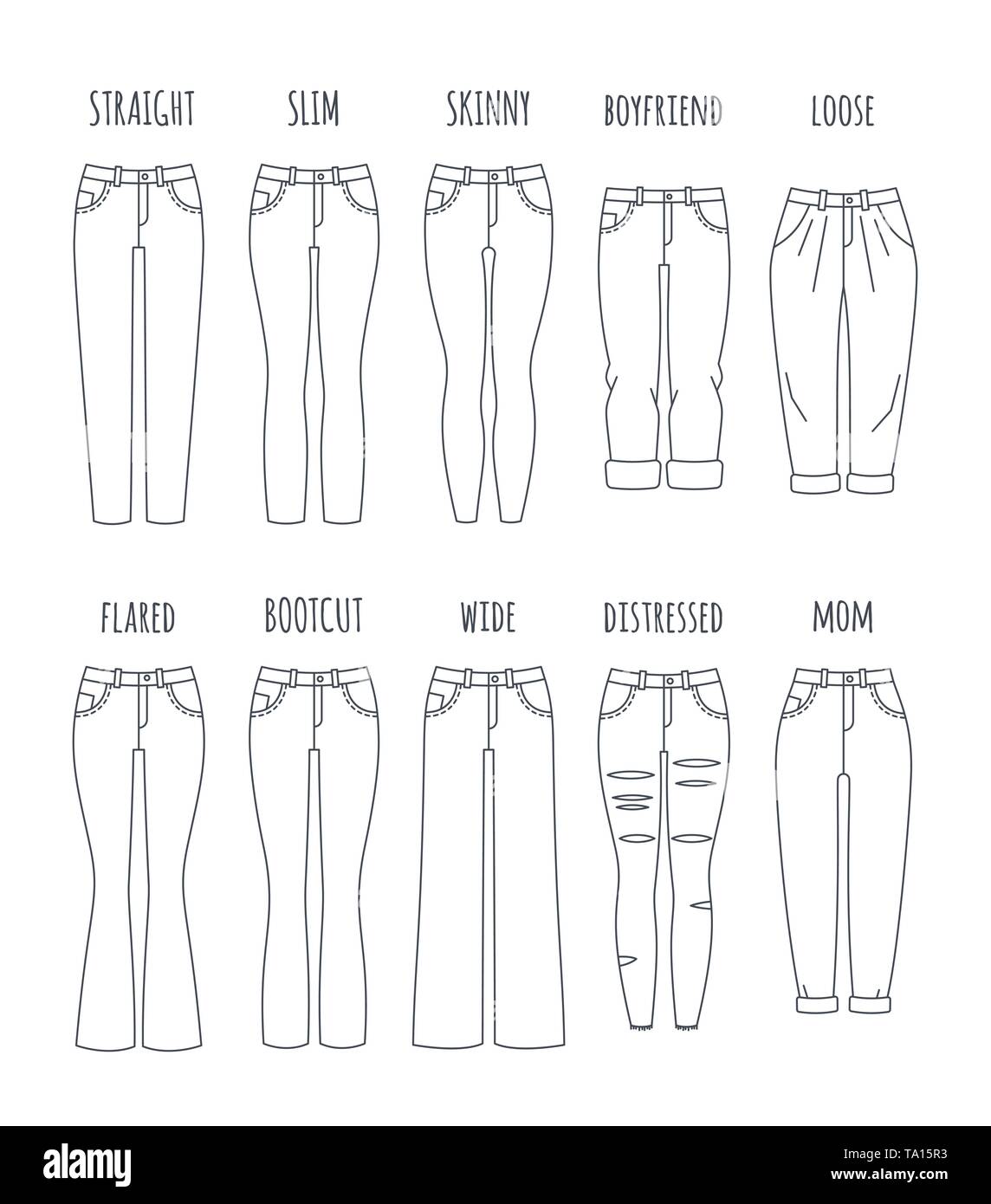 Trendy women jeans styles collection. Vector flat thin line icons of ...