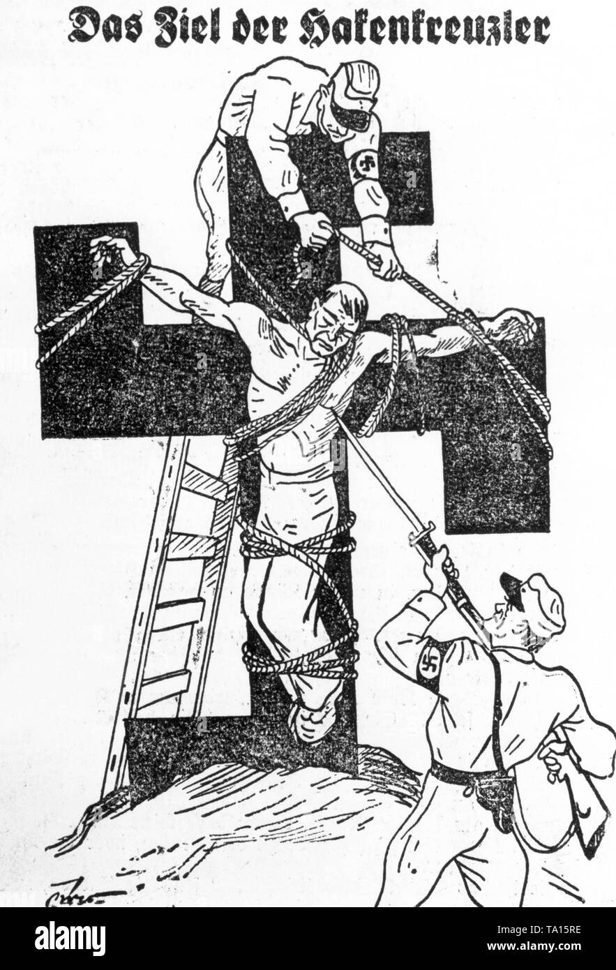 This drawing that was published to explain to the electorate why the SPD supported Hindenburg in the presidential elections, warns the workers against the growing National Socialism. A worker is tied by two uniformed SA men on a swastika and is stabbed with a bayonet on the side. Stock Photo