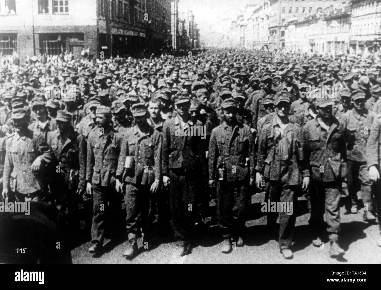 After the defeat of the Army Group Center in the course of the Operation Bagration, about 57,000 German prisoners parade in Moscow on Stalin's orders. Stock Photo