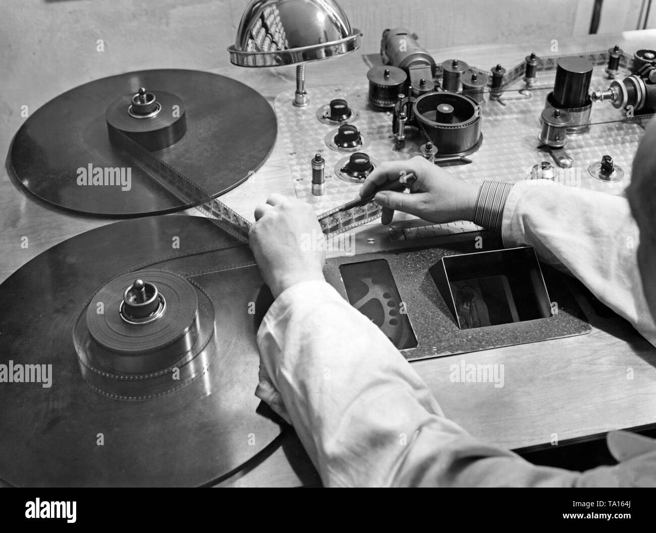 Photo of a sound monitoring apparatus in the film laboratory Afifa. Film and sound could be created with the help of the apparatus. This photo was displayed on the occasion of the International Film Congress in Berlin. Stock Photo
