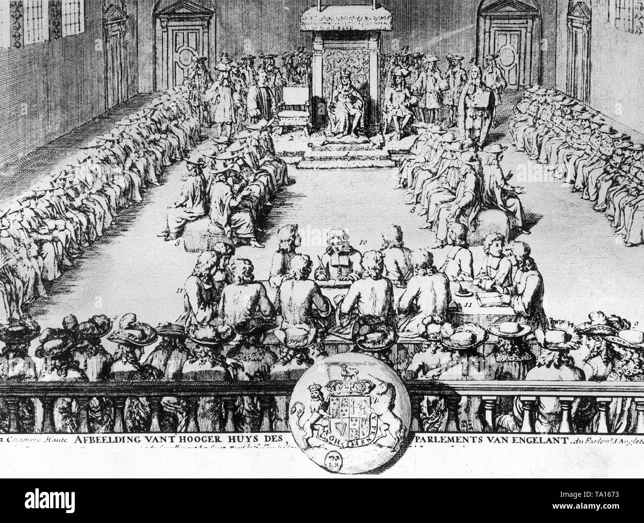 Dutch copper engraving from 1690, which gives an accurate picture of the English Parliament in this period: in the middle William III of Orange, on his right the empty chair of the Prince of Gaul, on his left the Prince of Denmark (second son of William), on the left the empty chair of the Archbishop of Canterbury. Behind the King, aristocratic audience without office. Before him, members of the Council. On the outermost row on the left are the prelates, dukes, Pairs and Lords of birth. In the foreground on a bench the Lords for life. Before them around the table, the writers. The medallion Stock Photo