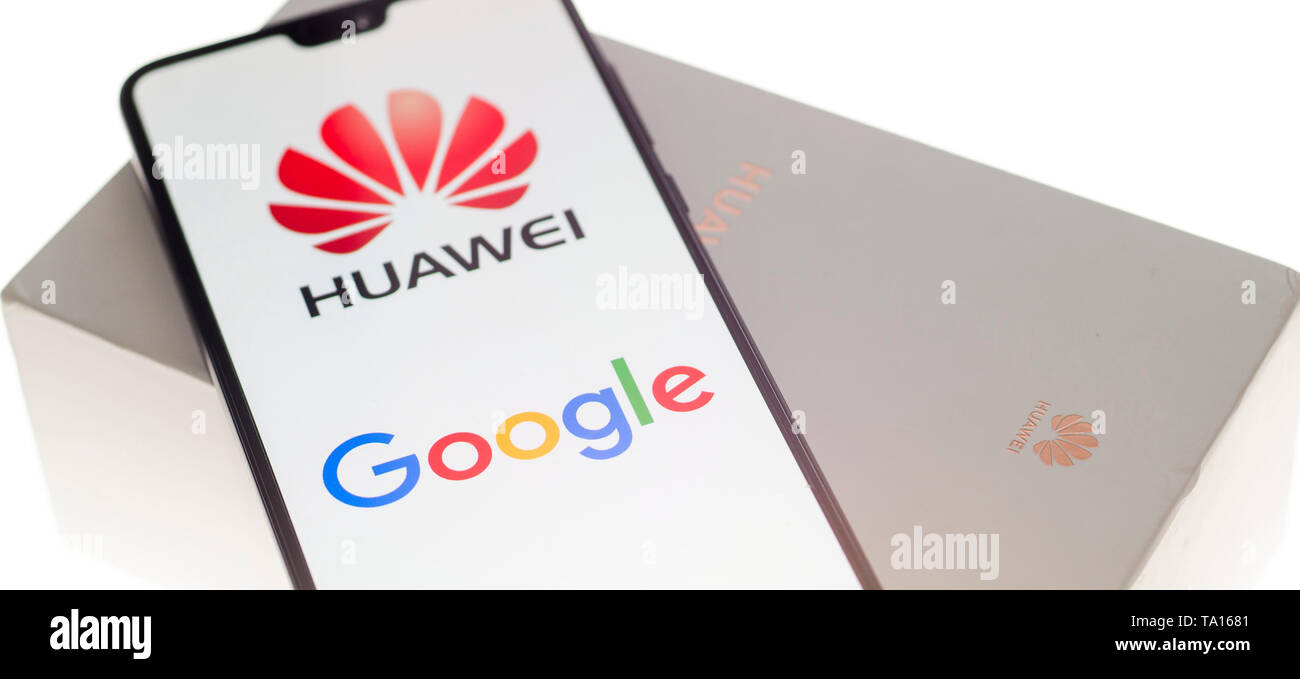 Huawei Mobile Cell Phone using Google apps, Huawei was founded in 1987 in Shenzhen, China Stock Photo