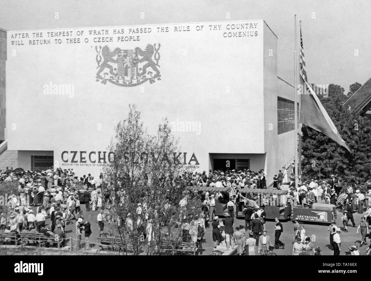The Czechoslovak Pavilion at the World's Fair in New York, 1939.  On the building: 'After the tempest of wrath has passed the rule of thy country will return to thee o Czech people'. In March 1939, Slovakia split from the Czech Republic on Hitler's command, and Bohemia and Moravia were occupied by the German troops. Stock Photo