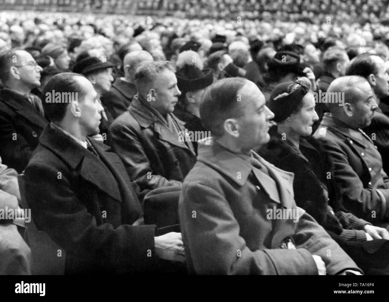 Minister of Propaganda Joseph Goebbels is holding a speech at a rally in the Berlin Sportpalast. Stock Photo