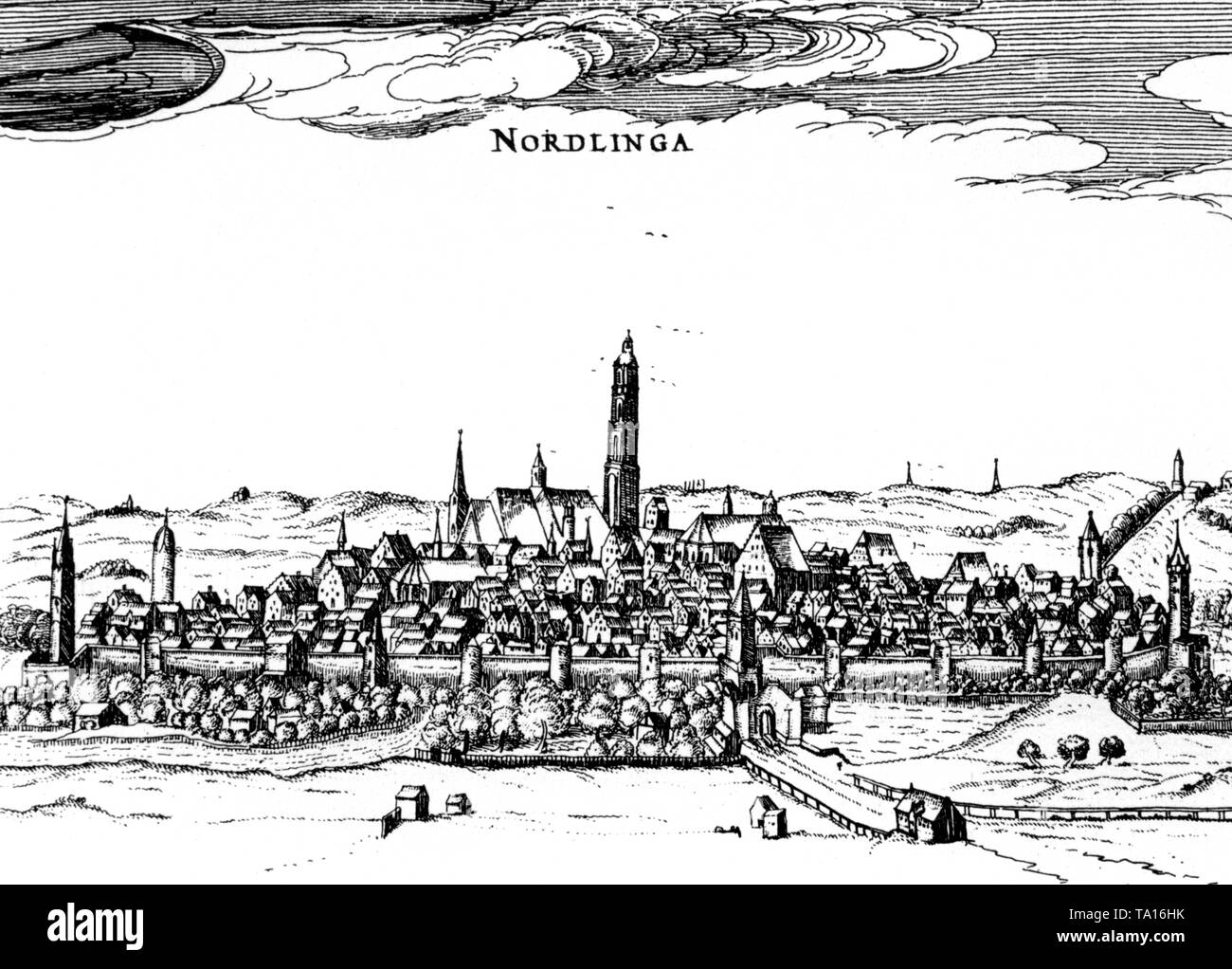 Copper engraving by Petrus Bertius of the then free imperial city of 'Nordlinga'. Stock Photo