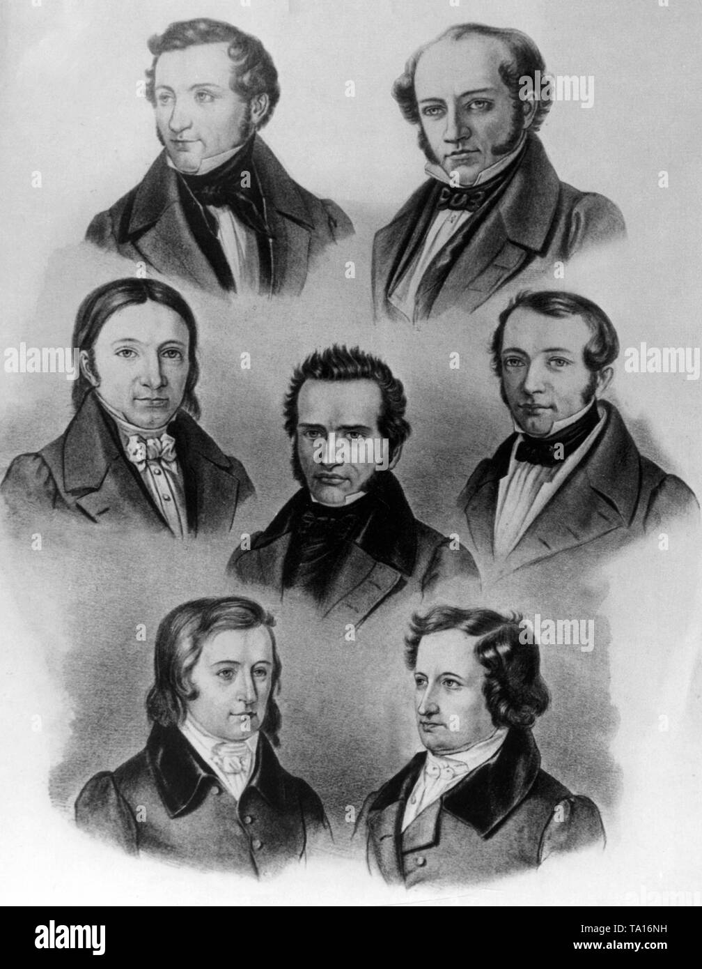 W. Albrecht, Dahlmann, Ewald, Gervinus, Jakob and Wilhelm Grimm and W. Weber - the so-called 'Goettinger Sieben' (Goettingen Seven). Stock Photo
