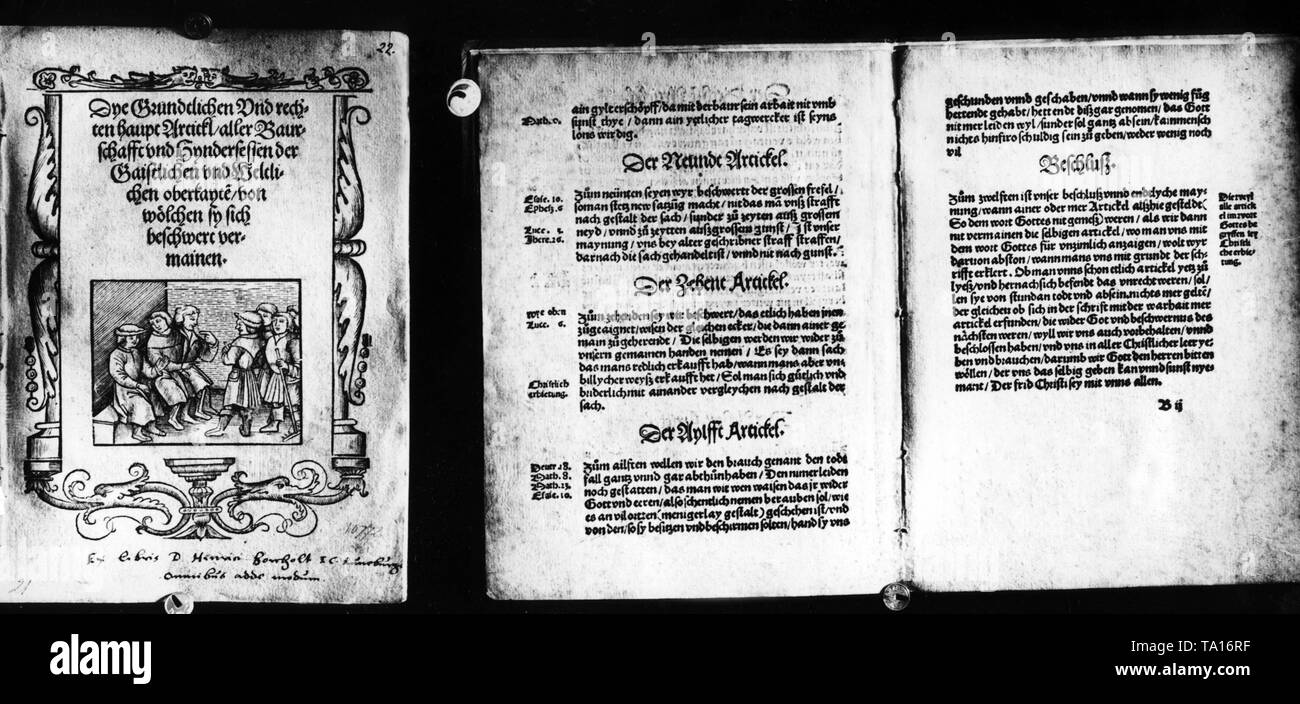 An exhibition during the Nuremberg Reich Party Congress under the motto 'Schicksalsweg der Nation' (Destiny of the Nation) discussed the Peasants' War of 1524-1525. On display are the Twelve Articles containing the demands of the peasants in Memmingen against the Swabian League. Stock Photo