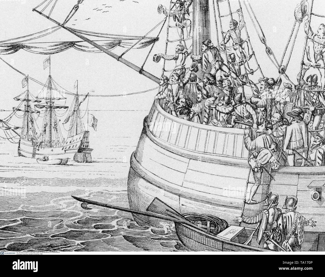 Italian navigator in the service of Spain, Christopher Columbus on his first landing in America. The illustration shows Columbus and his Spanish crew shortly before landing on the Bahamian island of San Salvador on October 12, 1492 Stock Photo