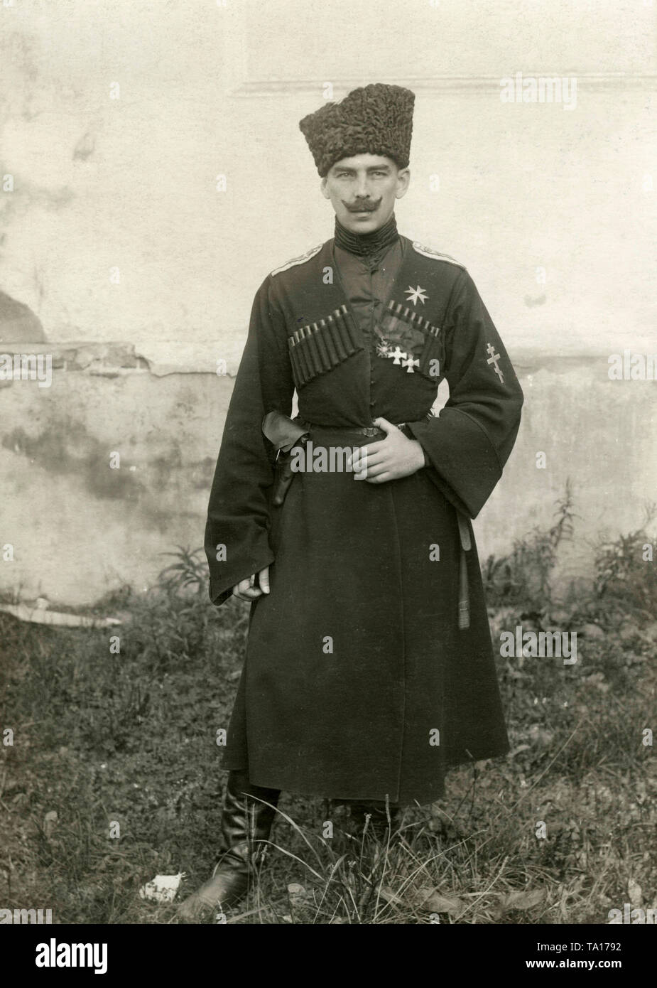Portrait of the leader of the West Russian Liberation Army, Prince Pavel Mikhailovich Bermondt-Awaloff. On his chest are several medals, including the Russian Order of Saint George and the Order of St. Vladimir, and the Orthodox cross on the left sleeve. Stock Photo