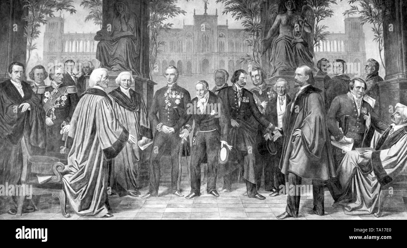 This painting represents a gathering of great scholars of science and art during the reign of Maximilian II. The focus is on the naturalist Alexander von Humboldt, who is introduced to the assembly by the presidents of the two Munich academies, Justus von Liebig and Wilheilm von Kaulbach. At Liebig, who stands at Humboldt's right. line up the philosopher Friedrich Wilhelm Joseph Schelling, the architect and painter Friedrich von Thiersch, the architect, painter and writer Leo von Klenze, the painter Johann Emil Rudolf Hermann and the Catholic theologian Ignaz Doellinger. In the background are Stock Photo