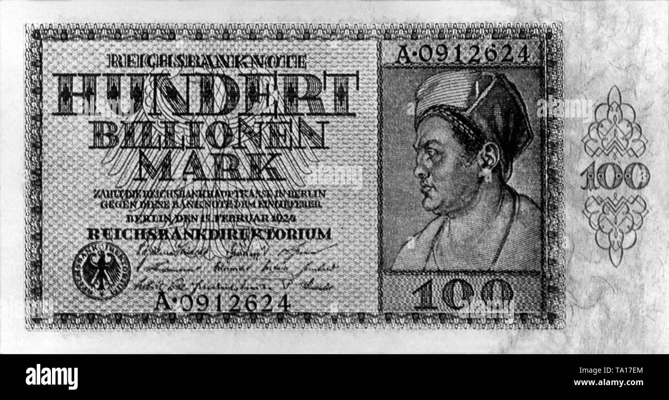 One hundred trillion Mark is the highest value of the German inflation. Due to the increasing inflation banknotes with astronomical monetary value are being issued. Stock Photo