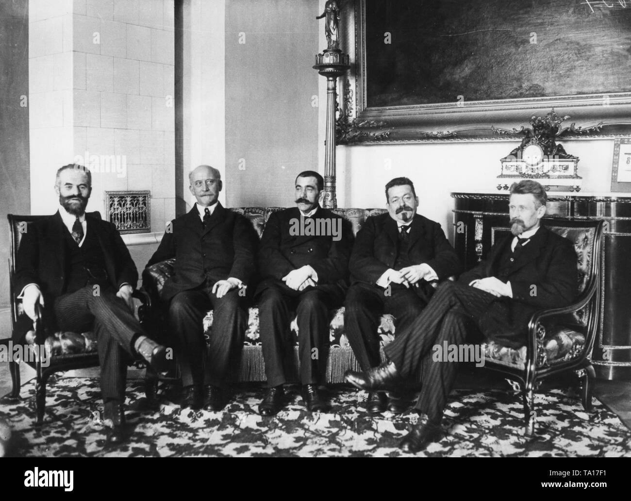 From left: Dr. Otto Landsberg, Philipp Heinrich Scheidemann, Gustav Noske, Friedrich Ebert and Rudolf Wissel. Stock Photo
