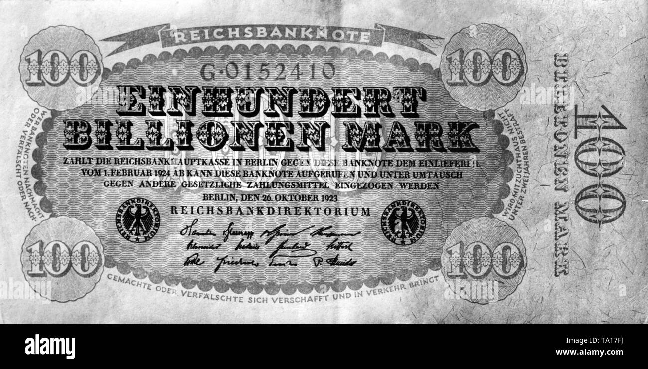 One hundred trillion Mark is the highest value of the German inflation. Due to the increasing inflation banknotes with astronomical monetary value are being issued. Stock Photo