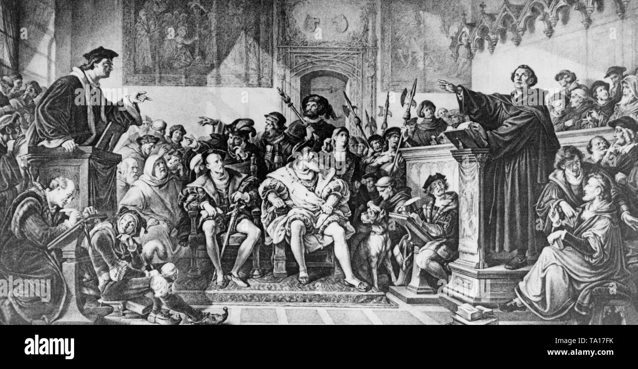 The Marburg Colloquy after a painting by Huebner around 1880. This is shown by the religious disputation between Martin Luther and the Swiss reformer Ulrich Zwingli on their opposing views regarding the doctrine of the Lord's Supper. In the so-called articles were defined the points of the accordance of their teachings. Stock Photo