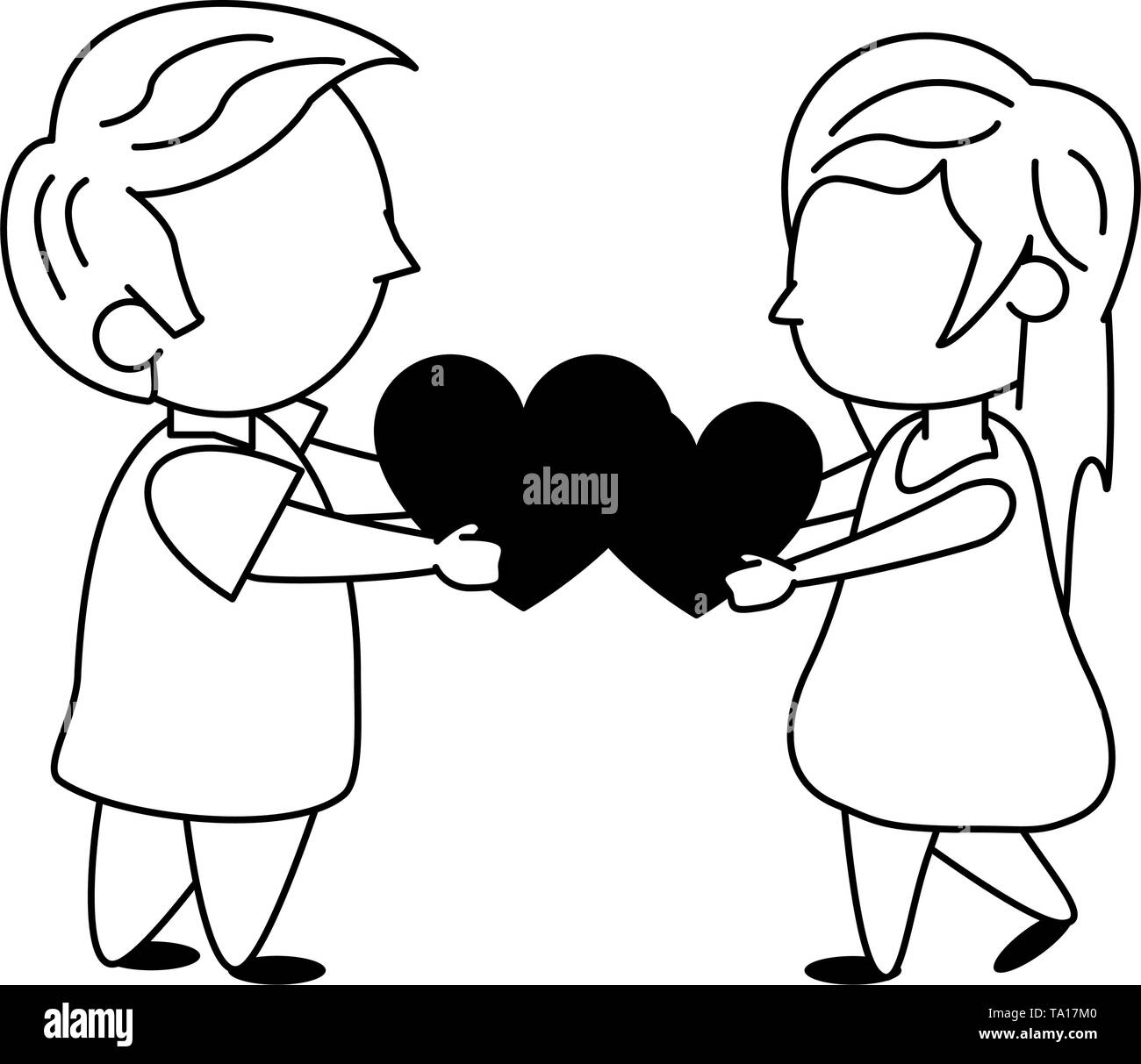 Kids in love cartoon in black and white Stock Vector