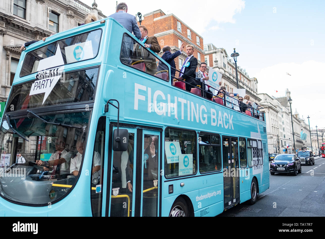 LONDON- MAY 21st 2019: The Brexit Party bus on Piccadilly in London's West End- campaigning ahead of the upcoming European elections Stock Photo