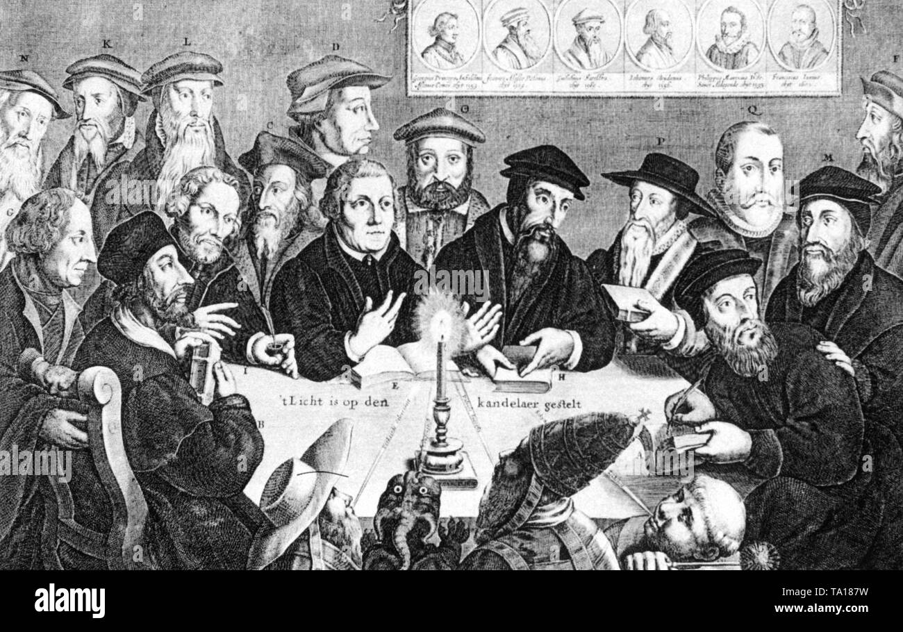 The image shows the reformers of faith sitting around a table. In the background hang the portrait of another six reformers, so to speak, an image in the image. In the center burns a candle, a monk is trying to extinguish it, but this is not possible. In Dutch light also stands for truth and faith. This picture shows above all the self-understanding of Calvinism after a long process with heavy fighting finally take root of a confession. Stock Photo