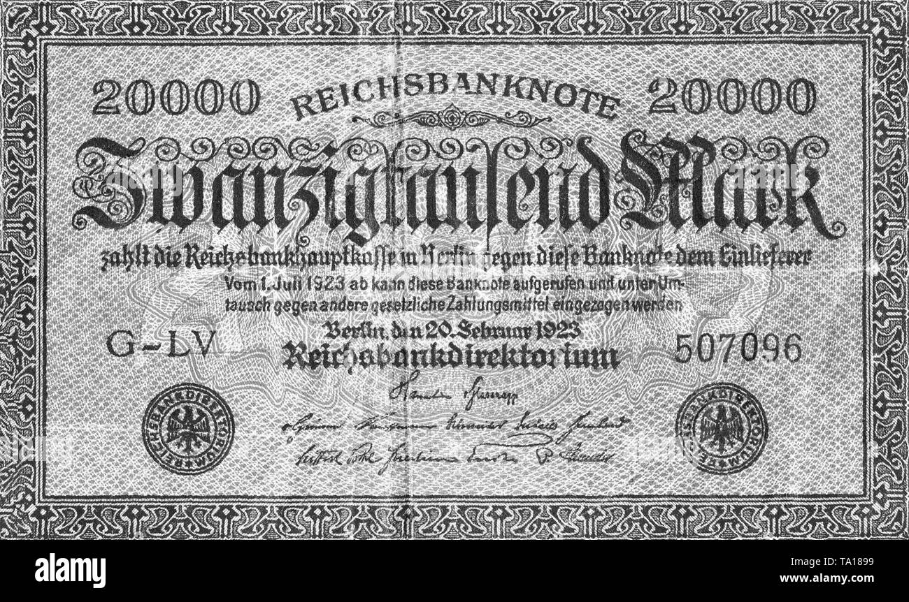 A twenty thousand mark banknote issued at the time of inflation in 1923. Stock Photo