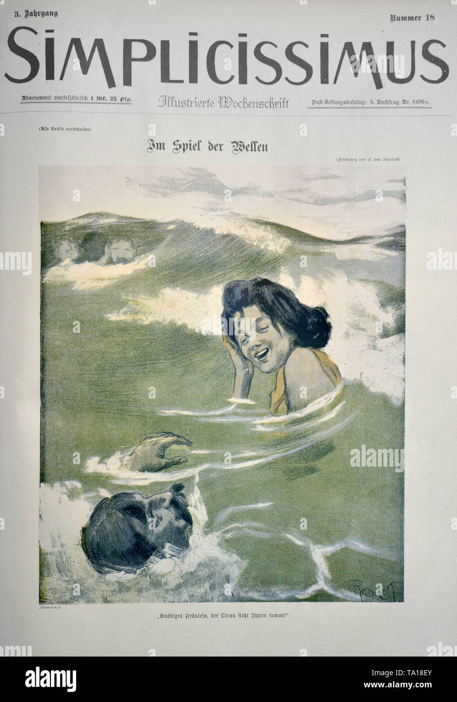 The drawing 'Im Spiel der Wellen' (The Play of the Waves) by Ferdinand von Reznicek. Caricature from the satirical magazine 'Simplicissimus', volume 3, issue no. 18 (1898). Under the picture it reads: 'Mademoiselle, the ocean suits you wonderfully'. Stock Photo
