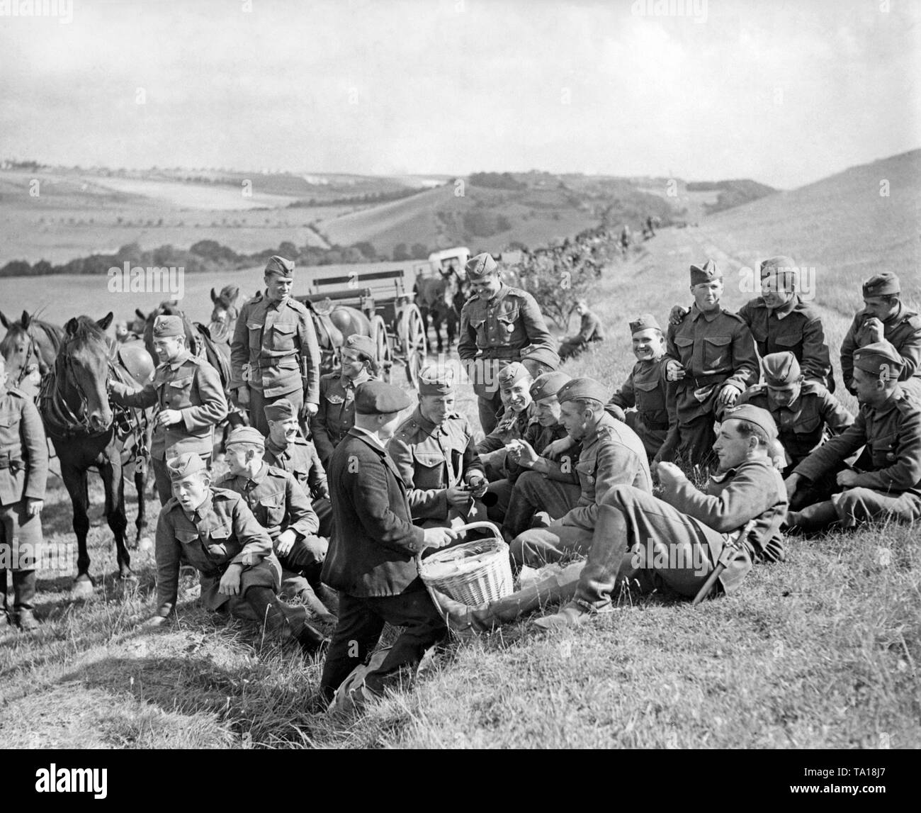 The 1. Prager Regiment (1. Regiment of Prague) during lunch break. In the Sudetenland crisis, the mobilization of the Czechoslovak Army takes place. Stock Photo