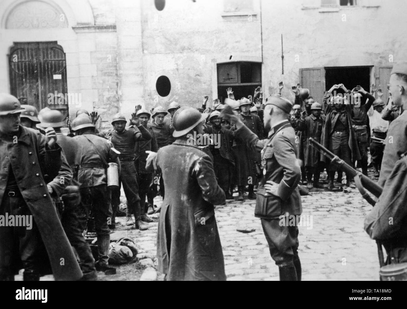 French soldiers captured at Mey-en-Muien, 50km from Paris are gathered. Photo: Kipper. Stock Photo