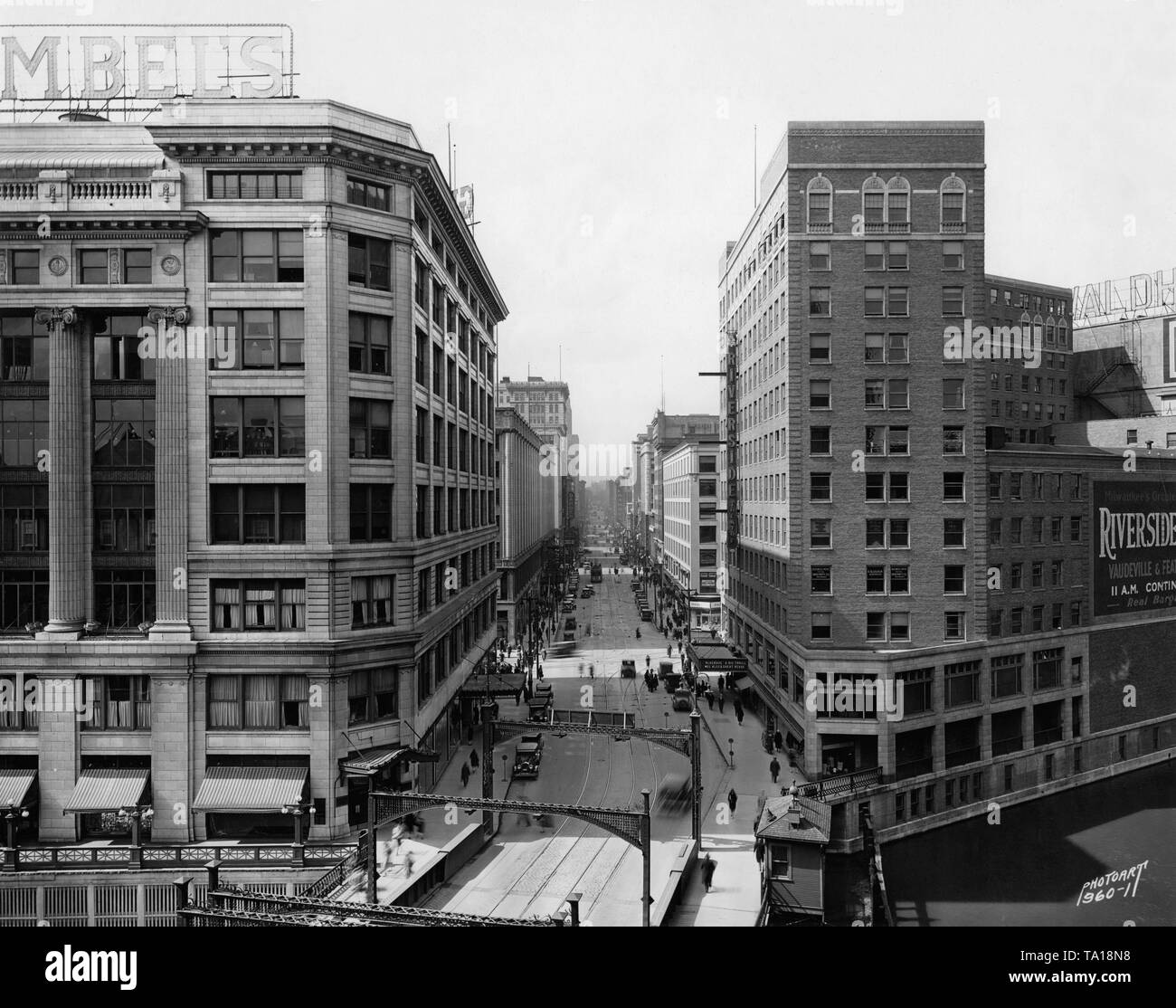 View along the Wisconsin Avenue towards east in the city of Milwaukee, Wisconsin. Stock Photo