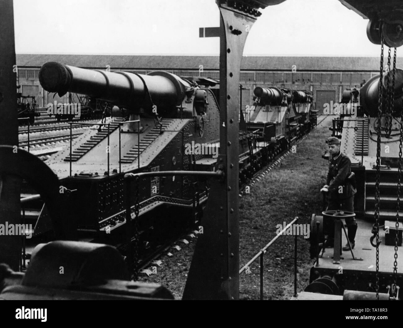 Captured French rail guns. Stock Photo