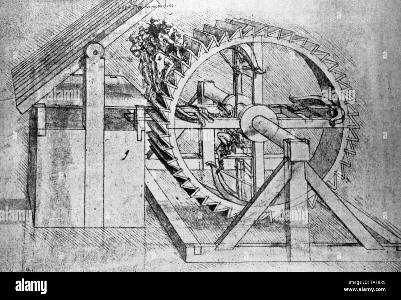 Photo of a war machine designed by Leonardo Da Vinci to shoot several crossbows. A treadwheel moved by persons stretches the crossbows and fires them off. Undated photo. Stock Photo