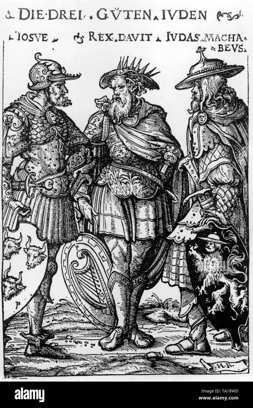 The woodcut entitled 'Die drei guten Juden' (The Three Good Jews) by Hans Burgkmair shows three famous representatives of Judaism, Joshua, King David and Judas Maccabee, also known as Maccabeus. All three are represented as warriors, in full armor. The shield of Judah Maccabee is decorated a human-animal mixture, presumably a dragon with a man's head. Stock Photo