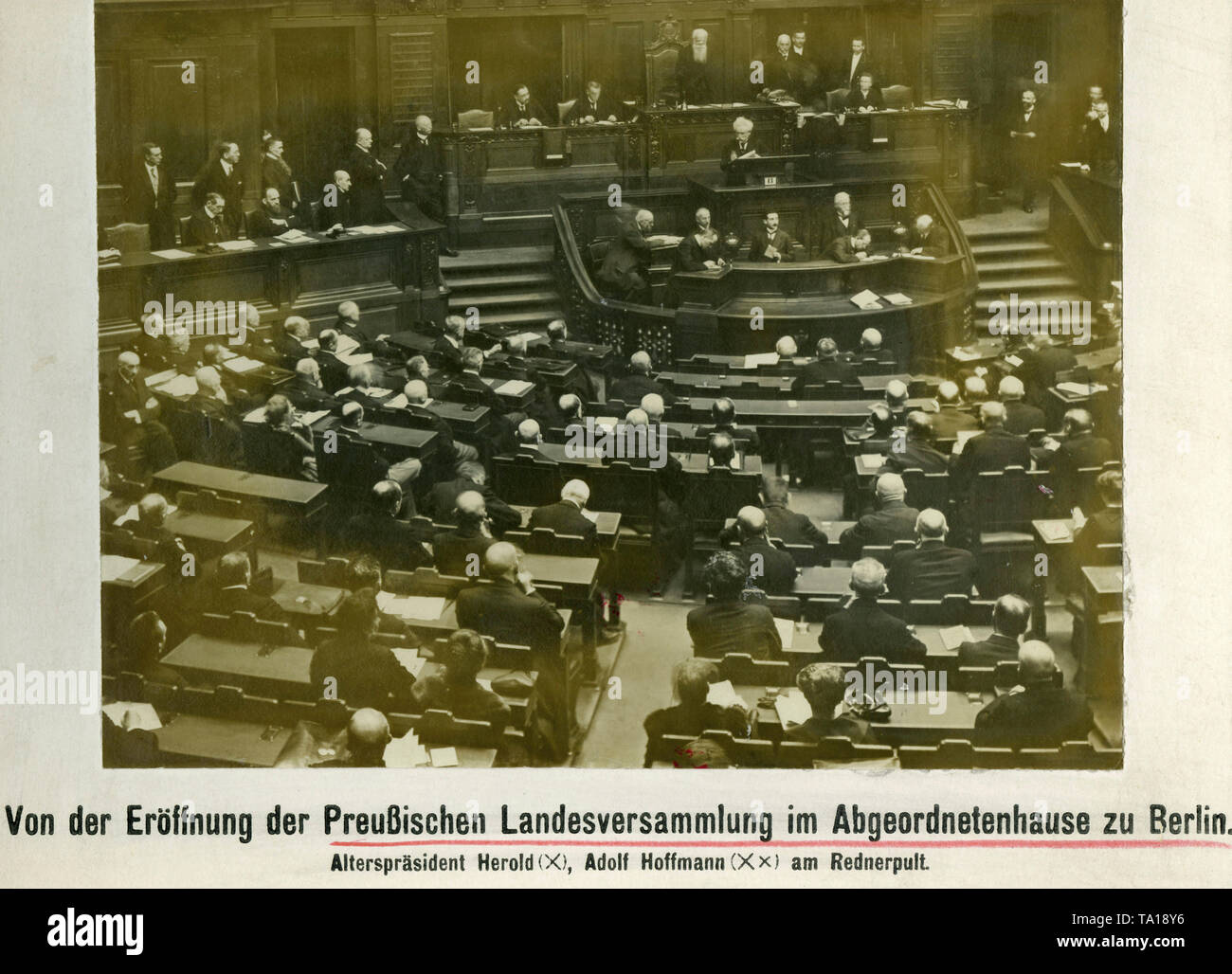 Opening of the Prussian National Assembly in the House of Representatives in Berlin. At the lectern Adolf Hoffmann, behind him, president by seniority Carl Herold. Stock Photo