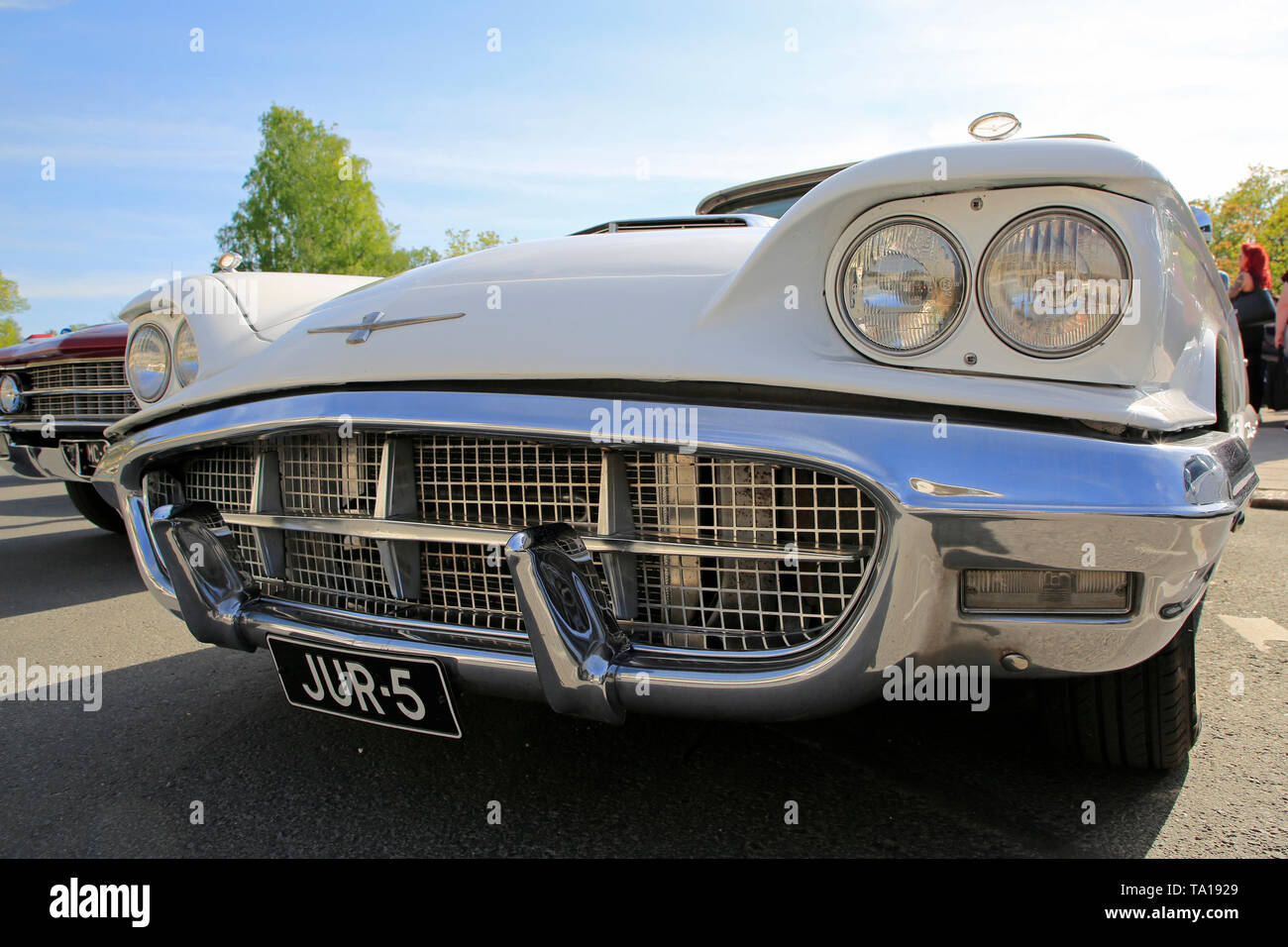 Salo, Finland. May 18, 2019. Detail of Classic white Ford Thunderbird Hardtop classic car, Second Generation, on Salon Maisema Cruising 2019. Stock Photo