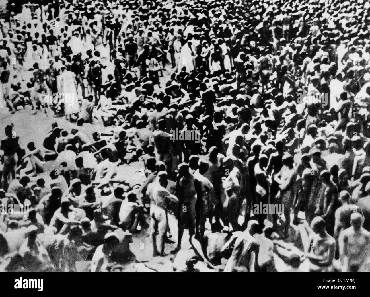 Thousands of newly arrived concentration camp prisoners are waiting