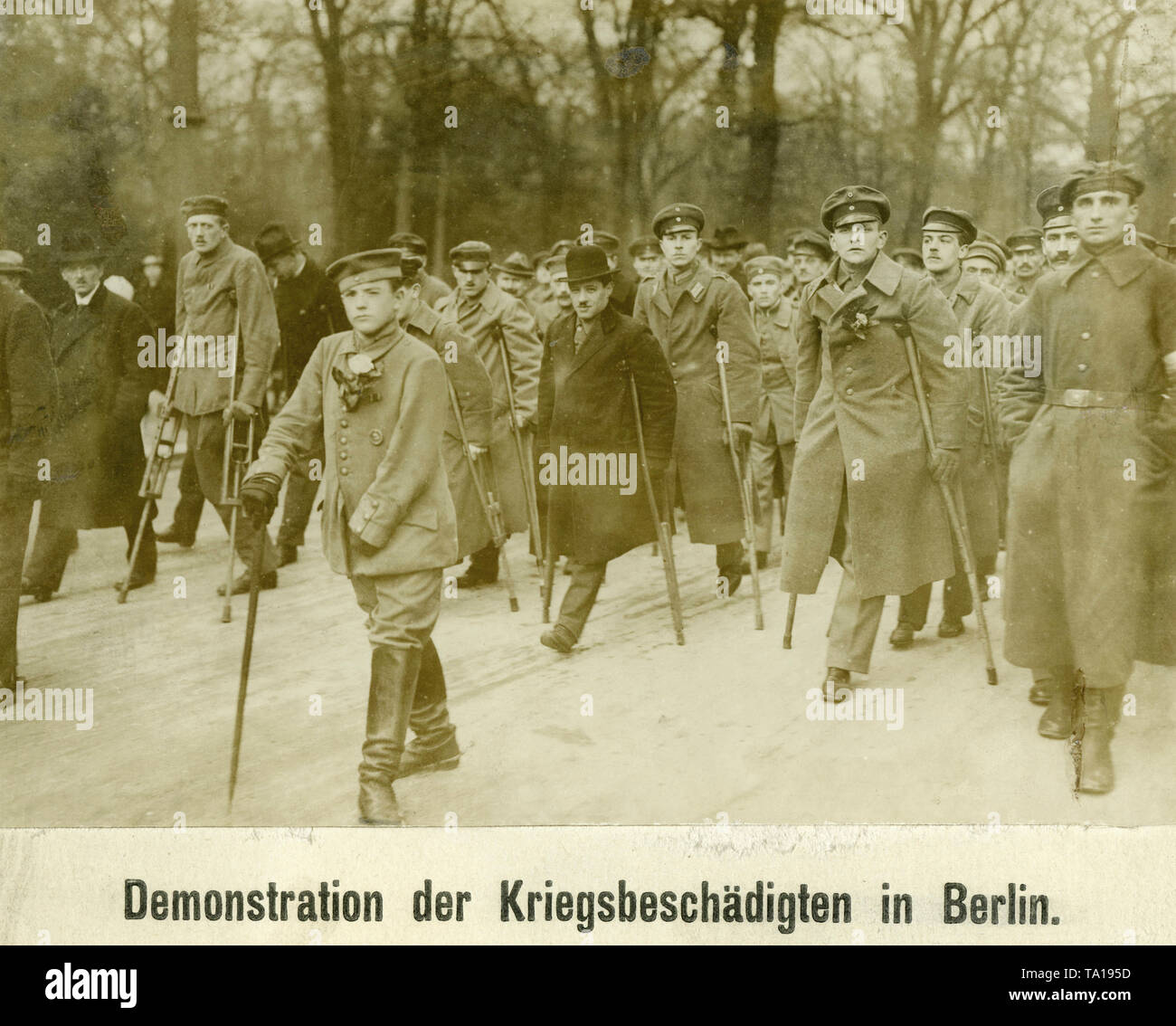 Demonstration of discharge soldiers who were wounded in World War I on a Berlin street. Stock Photo