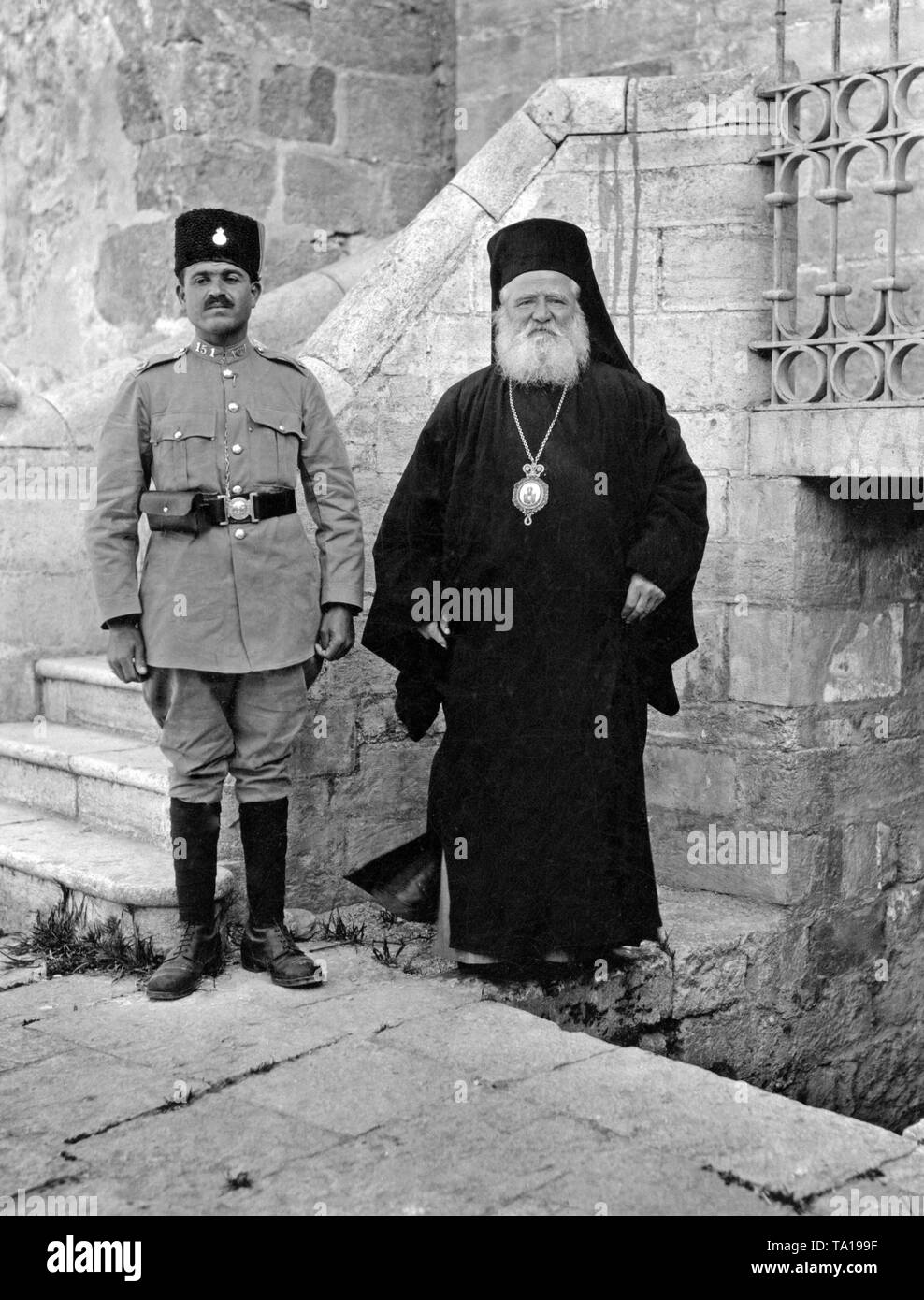 The Greek Orthodox Archbishop of Bethlehem with an officer. Stock Photo