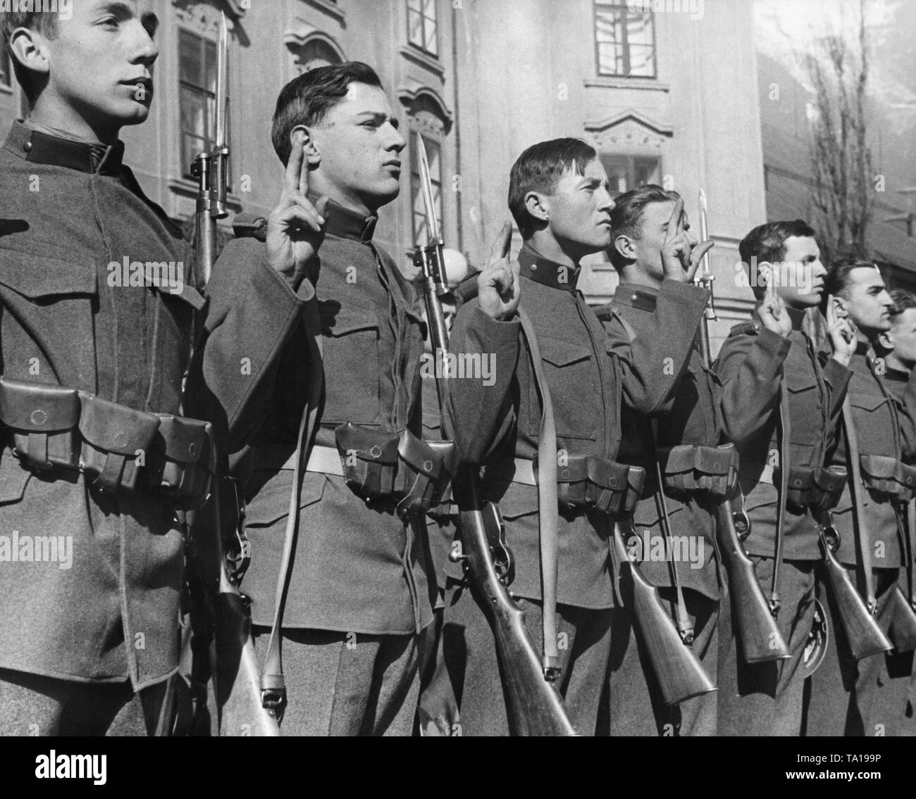 After the annexation of Austria to the German Reich, the soldiers of the Tiroler Jaeger-Regiment are sworn in to Hitler. Stock Photo