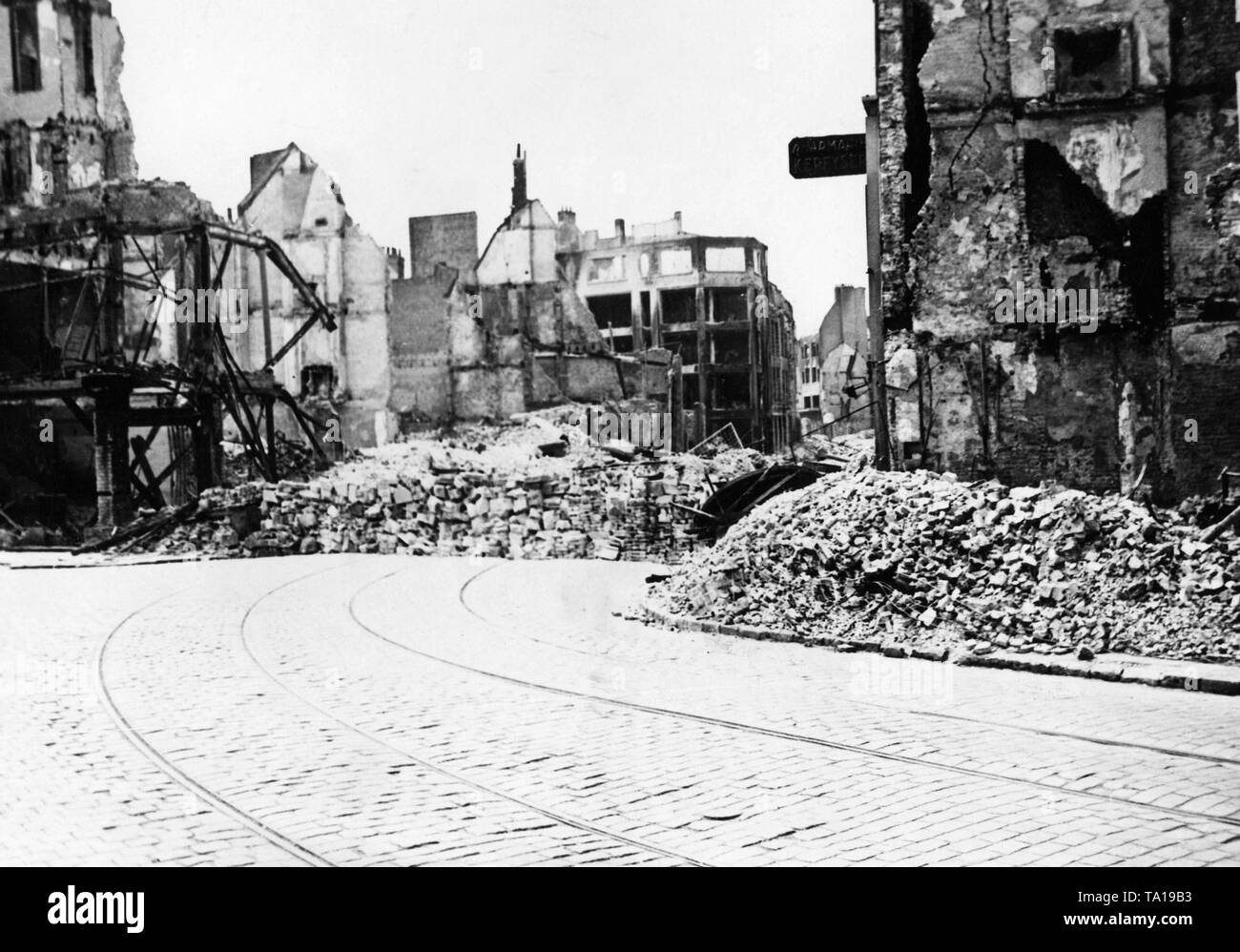 Ruins of a city destroyed during the fighting in the Dunkirk bridgehead. Stock Photo
