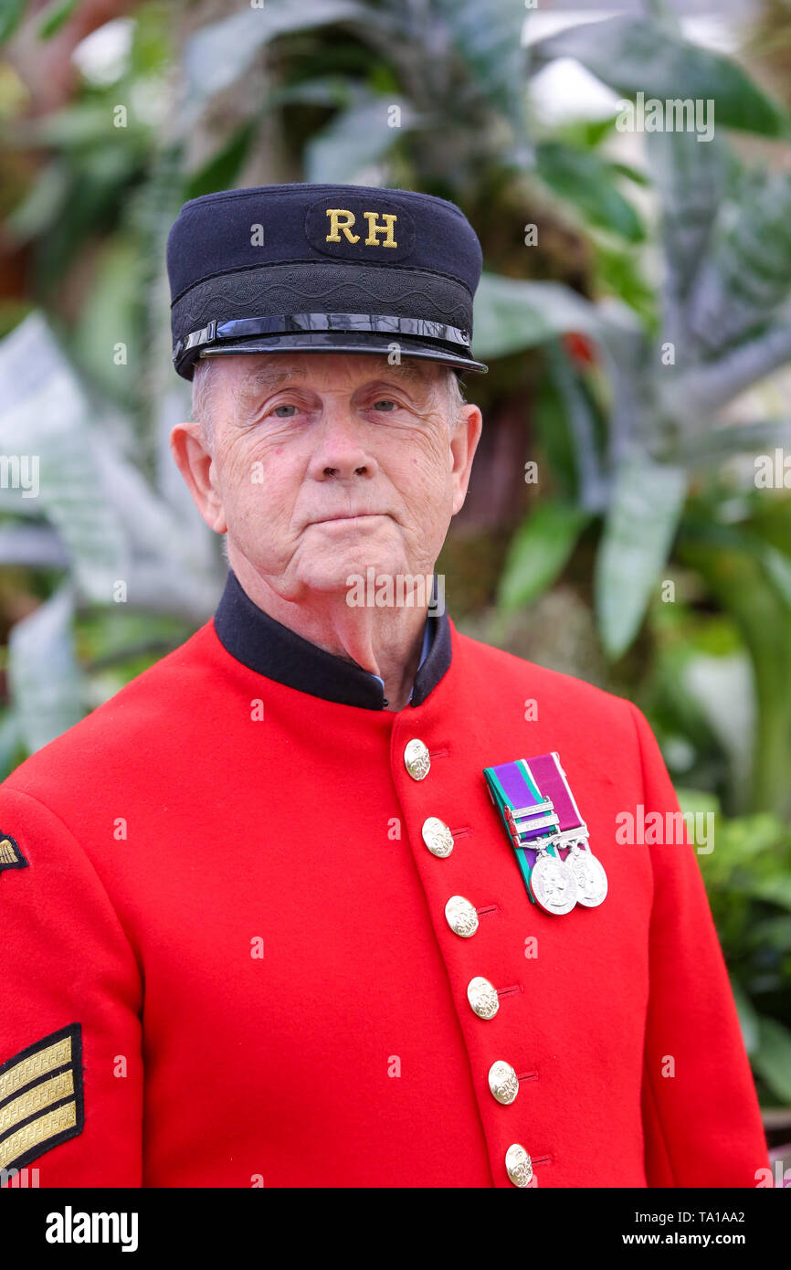 A Chelsea Pensioner seen during the Chelsea Flower Show. The Royal Horticultural Society Chelsea Flower Show is an annual garden show over five days in the grounds of the Royal Hospital Chelsea in West London. The show is open to the public from 21 May until 25 May 2019. Stock Photo