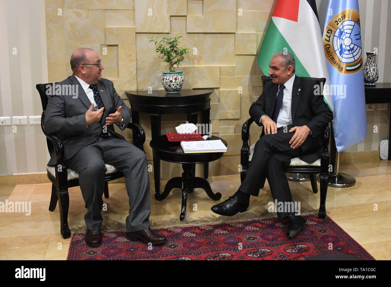 May 21, 2019 - Bethlehem, West Bank, Palestinian Territory - Palestinian Prime Minister Mohammad Ishtayeh meets with Reuben Gauci, the representative of the Republic of Malta in Palestine, in the West Bank city of Ramallah, May 21, 2019  (Credit Image: © Prime Minister Office/APA Images via ZUMA Wire) Stock Photo