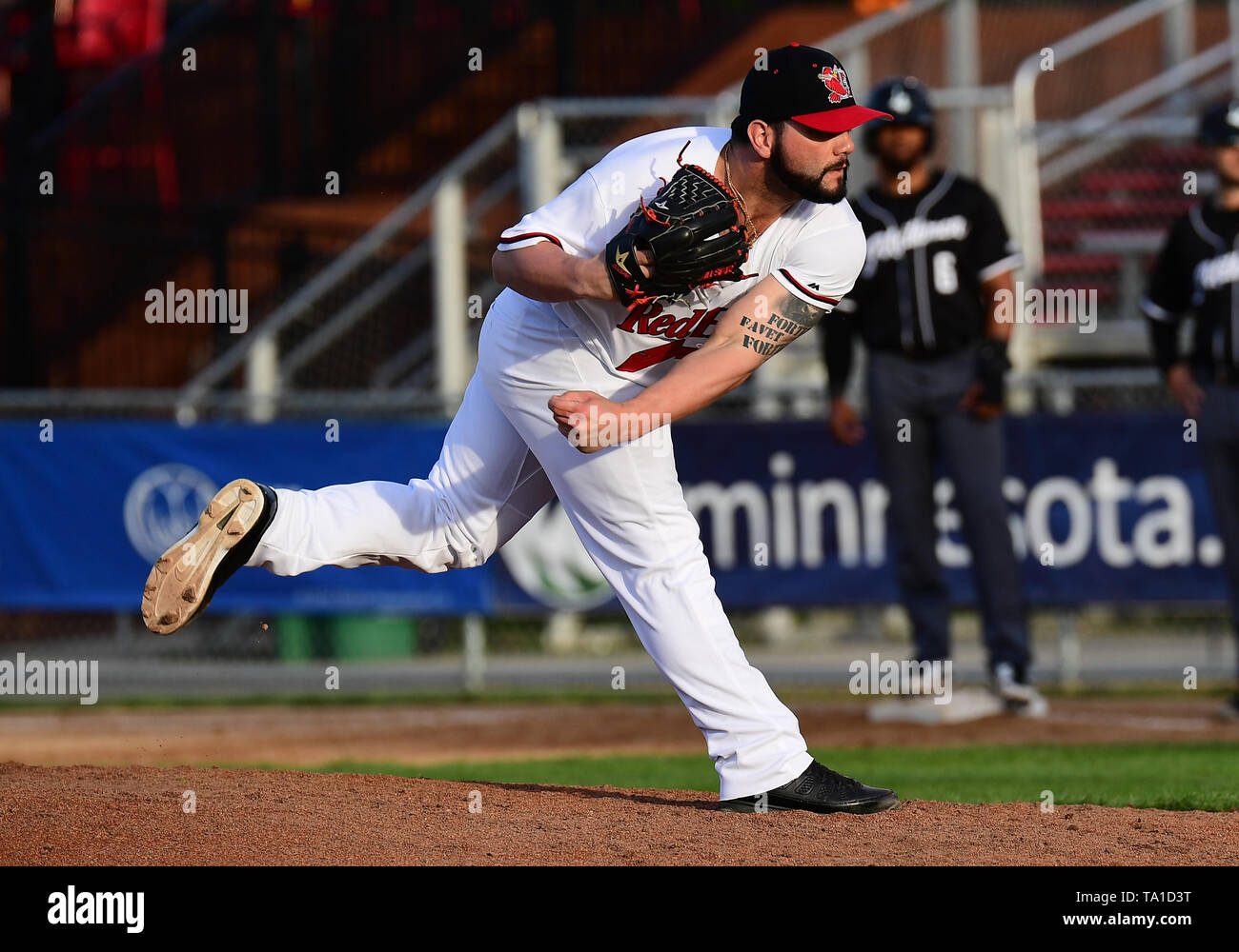 Fargo, ND, USA. 20th May, 2019. FM Redhawks pitcher Joe Filomeno (51) delivers a pitch during the FM Redhawks game against the Milwaukee Milkmen in American Association professional baseball at Newman Outdoor Field in Fargo, ND. Milwaukee won 5-3. Photo by Russell Hons/CSM/Alamy Live News Stock Photo