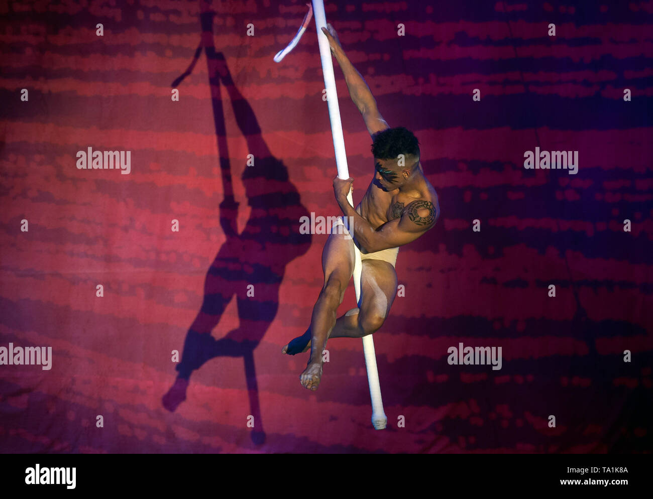 An acrobat seen performing during a press pass for the 'Hotel Habana Show', a musical show that joins dance, cabaret and acrobatics. The story is about settlements in the abandoned Habana Hotel and their residents star in leading roles. Stock Photo