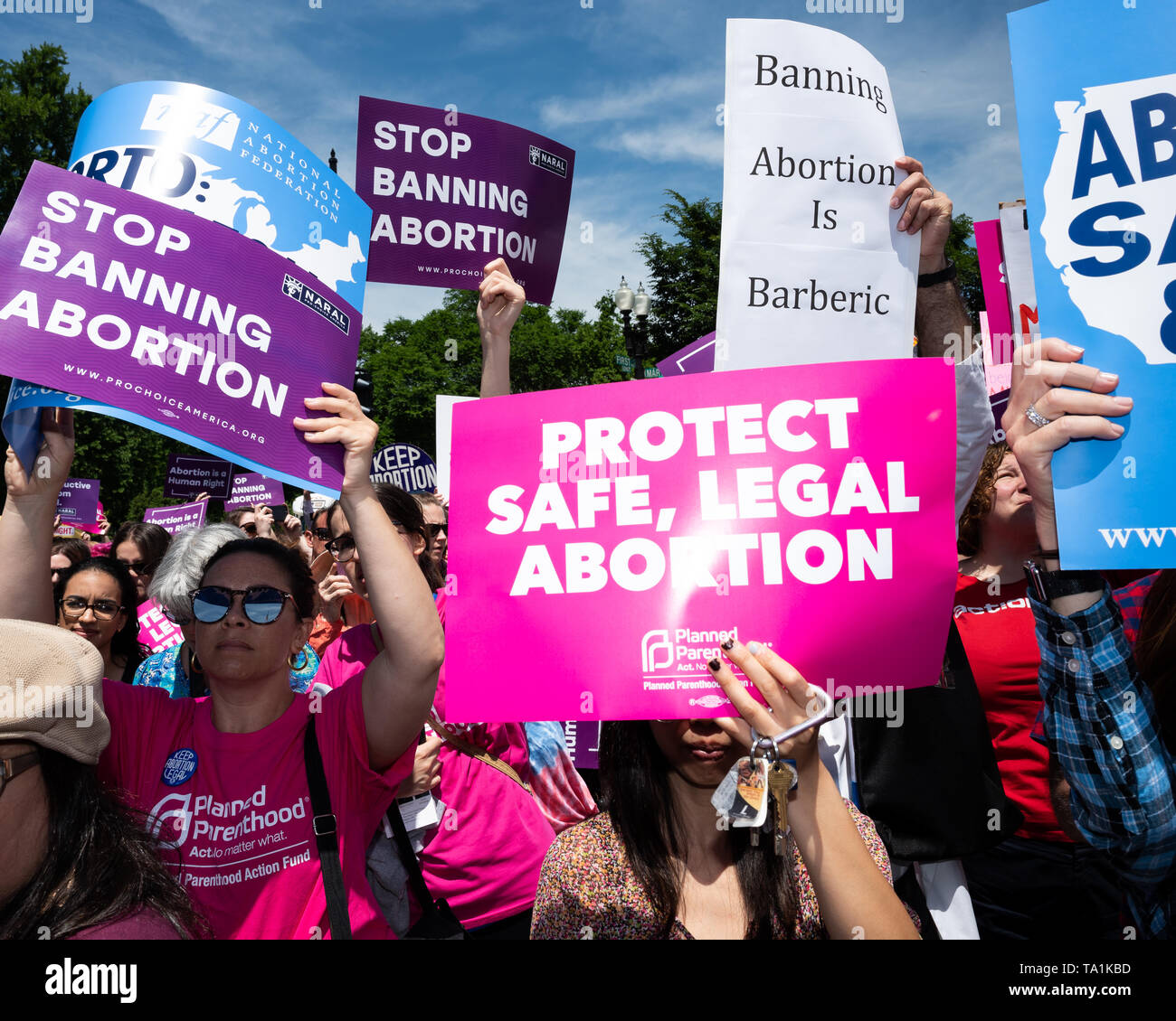 Demonstrators seen holding placards during the 'Stop The Bans Day of Action for Abortion Rights' rally in front of the Supreme Court in Washington, DC. Stock Photo