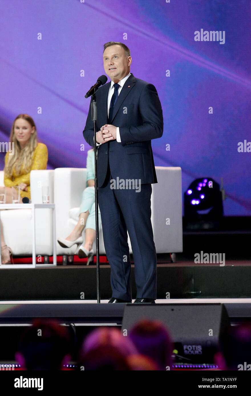 The President of Poland Andrzej Duda speaks after a tennis match in honor of Agnieszka Radwanska sport career. An event was held in honor of Polish tennis player Agnieszka Radwanska, who ended her sports career as she was the best Polish tennis player in history. Stock Photo